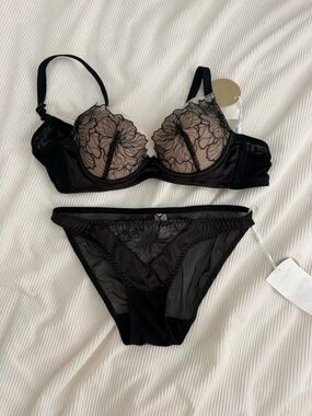Black Floral Embroidered Underwire Bra & Bikini Panty Set 75A-B